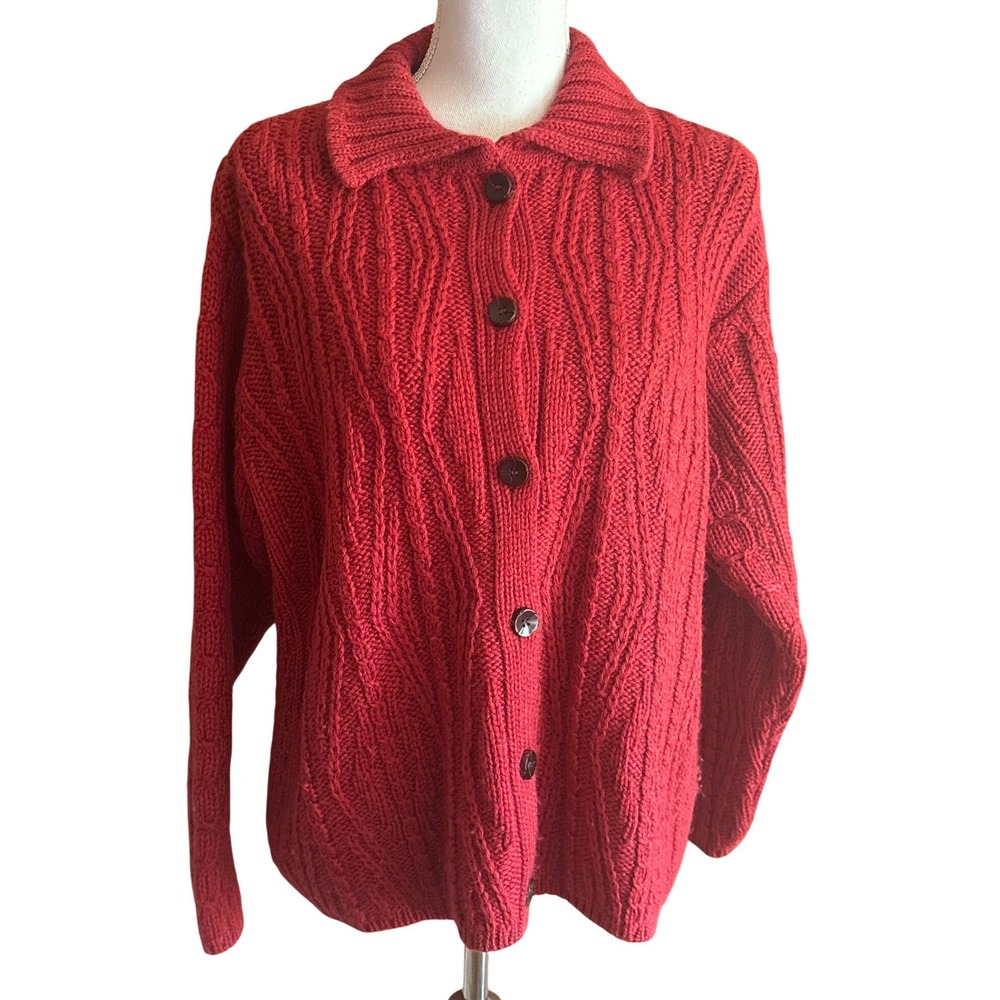 LL Bean Red Wool Cable Knit Cardigan Medium Made in Ireland, vintage, fisherman